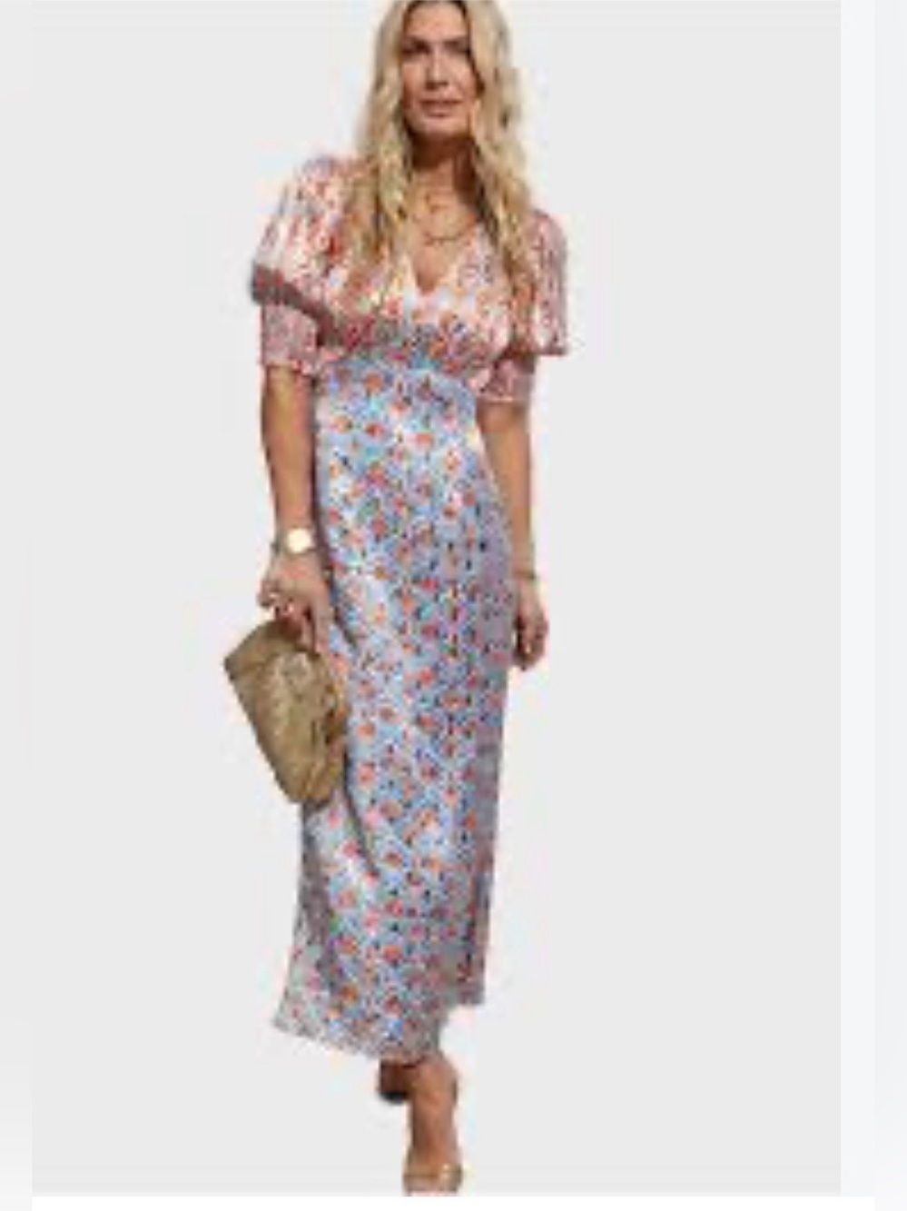 Never Fully Dressed Deco Palm May Light Blue Floral V-Neck Maxi Dress Size 22